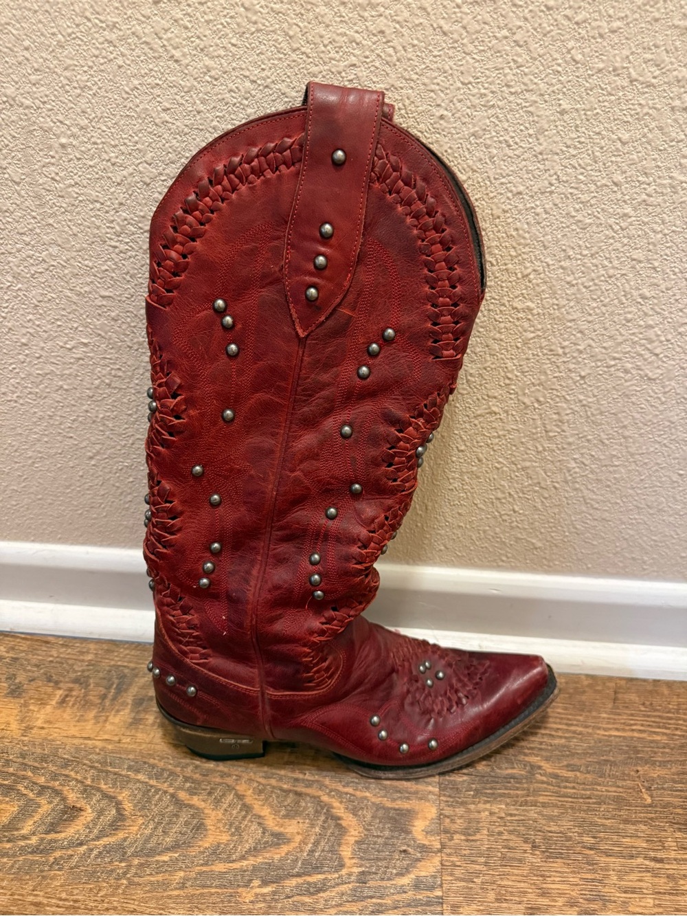 Lane Red Leather Studded Western Cowboy Boots Women’s Boho Braided : Sz 7.5